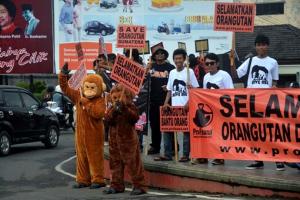 Activists held a theatrical demonstration in Tugu Gajah, Bandar Lampung